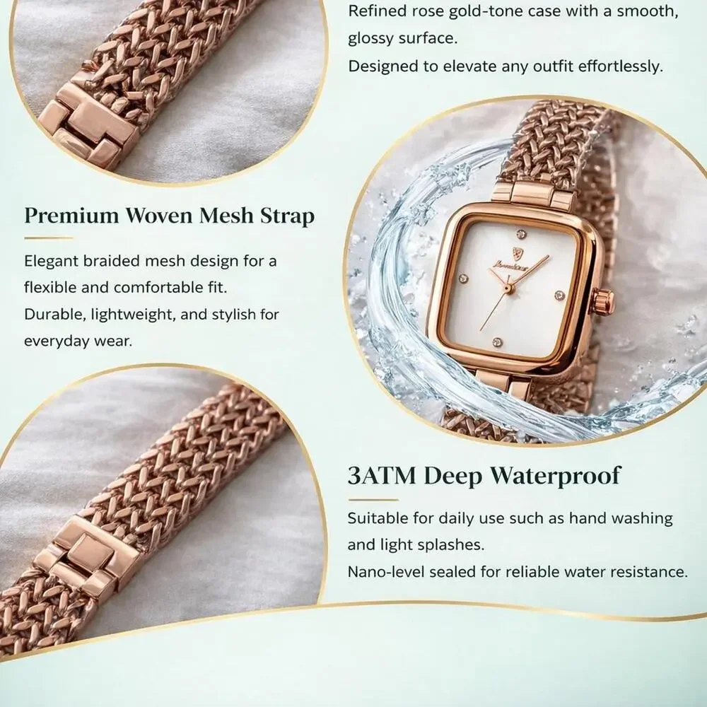 Women’s Rose Gold Square Watch White Dial Luxury Mesh Band Elegant Waterproof - Picture 6 of 6